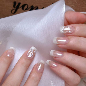 Short fake nails for women girls glossy pearl shimmer Square nail art tips white flowers design full cover press on false nail