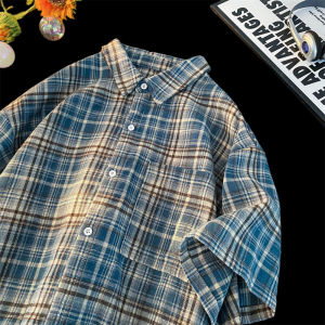 Navy Blue Short Sleeve Plaid Shirt Mens Summer Cityboy Japanese Style Vintage Shirt Fancy Handsome Outwear