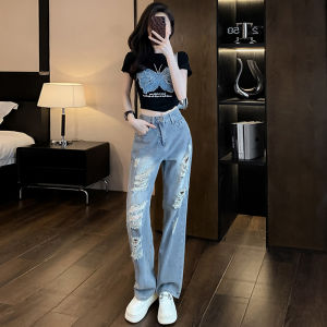 ฤดูร้อน แฟชั่น ผ้าฝ้าย เดนิม กางเกงขาสั้น สูง เอว ชุดสองชิ้นฉีก ผู้หญิง สตรีทสไตล์ อินเทรนด์ ชุด ลำลอง ชุดกีฬา