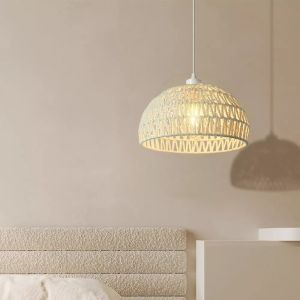 Pendant Light Vintage Log Rattan Art Dome Hanging Light Japanese Style Adjustable Minimalist Drop Lighting for Dining Room Bedroom Balcony Bar Lights(Cream)