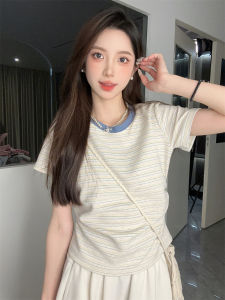 INS Trendy K-style Stripes Short Sleeve Womens Stylish Contrast Color round Neck T-Shirt Sweet Girl Style Not Midriff Outfit Short Silm Tops