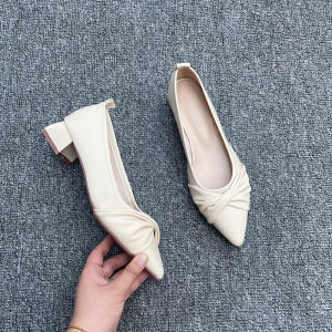 Comfortable Work Shoes Pointed Toe Chunky Heel Soft Leather mid Heel Slip-On Fashion Single Shoes for Women Black Office Shoes