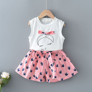 Bear Leader Girls Clothing Sets 2023 New Summer Sleeveless GIRL Pattern T-shirt + Print Bow Pants Kids Clothing Sets 2PCS For Baby Girl Kids Clothes Children Clothing For 3-7 Years
