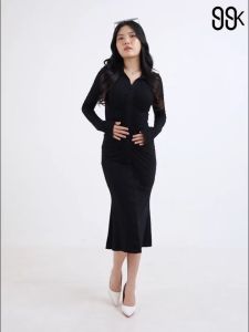 Long Sleeves Crinkled Bodycon Maxi Dress 1752 (S/M/L/XL)