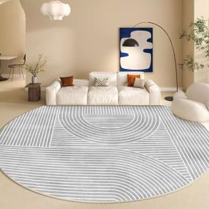 VIKAMA Minimalist White Curved Line Round Rug Beige Neutral Tone Circular Carpet Non Slip Living Room Sofa Floor Mat
