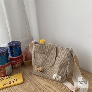 Cute Corduroy Fresh Style Crossbody Bag for Girls Student Single Shoulder Bag Harajuku Trend Zipper Closure Casual Leisure