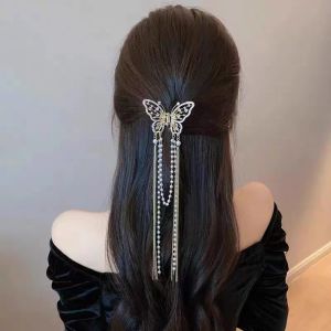 【♡Lovely girls house♡】Retro New Butterfly Fringe Hair Clip for Women Hollow Pearl Rhinestone Hair Clamp Female Shark Clip Fashion Hair Ornaments