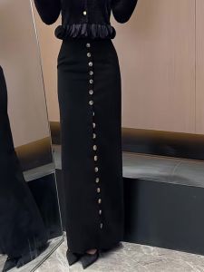 Korean Style Slimming Black Asymmetrical Straight Cut Midi Skirt with Button Design Versatile Fashionable Womens Autumn Dress