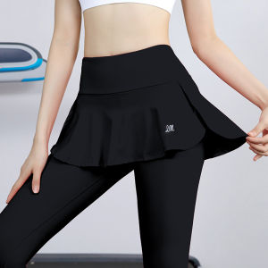Womens High-Waist Yoga Pants Tight Fitness Running Compression Pants Fake Two-Piece Gym Sport Skirt Pants Long Nylon