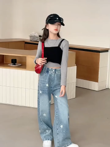 2025 New Arrivals Korean Jeans For Kids Girls 6-15yrs Wide-leg Denim Pants Cute Star Pattern Fashion Loose Maong Pants Baggy Pants With Elastic Waist Korean Style Straight-Leg Pants