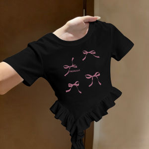 Bow Letter Print Cotton T-Shirt with Irregular Ruffles