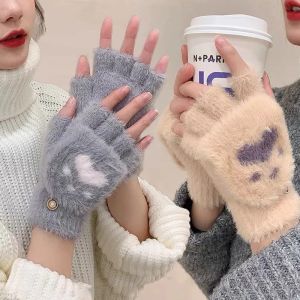Cat Paw Printing Gloves Women Half Finger Mittens Flap Cover Girls Knitted Soft Mink Fleece Warm Student Study Glove