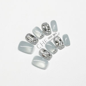 2025 Handmade Nail Art Wearable False Nails Flash Ice Blue Cats Eye Versatile Luxury High-End Whitening 810