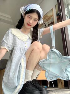 น่ารัก ตุ๊กตา ปกเสื้อ ฤดูร้อน รูปแบบใหม่ หวาน บริสุทธิ์ ผู้หญิง เดรส เวอร์ชั่นเกาหลีสูง เอว แขนฟองสั้น เดรส กระโปรงทรงเอ