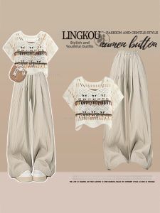 NUMEN BUTTON | Large Size Womens Bohemian Knitted Hollow-out Tunic Camisole Loose Casual Pants Set