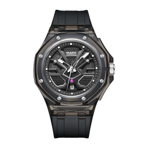 MARK FAIRWHALE 5920 Mens Watch Transparent Case Calendar Waterproof Sports Silicone Strap Quartz Watches for Men