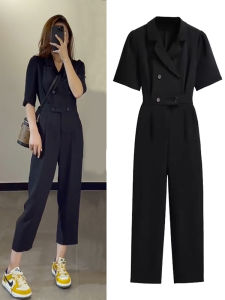 Elegant Tailored Short Sleeve Jumpsuit Womens High Waist Slim Fit Casual Suit Collar Jumpsuit Korean Style Asymmetric Pocket Nine Points Pants