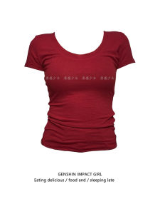 เสื้อยืดคอวีแขนสั้นผ้าฝ้ายแท้สำหรับผู้หญิงในช่วงฤดูร้อน เสื้อทรงเข้ารูปเอวเข้ารูปสีแดง เสื้อผ้าทำงานสไตล์อเมริกัน