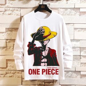 Long Sleeve T-Shirt One Piece Anime Collaboration Youthful Polyester Fiber Antibacterial Print round Neck for All Seasons
