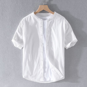 New Chinese Style Stand Collar Short Sleeve Oxford Cloth Shirt Mens Lightweight Summer New Arrival Japanese Style White Shirt