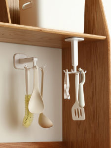 No-Drill Wall-Mounted Rotating Hook Kitchen Storage Rack Multi-Function Pot Spoon Pan Holder Plastic Organizer Holder