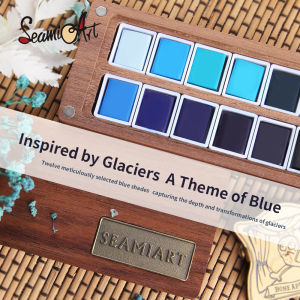 SeamiArt | SeamiArt 12color Glaciers Blue Tone Professional Solid Watercolor Set with Walnut Painting Box Palette For Art Supplies