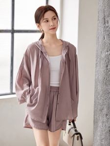 WANGGONGZHU | Fashionable Hooded Thin Summer Set Womens Ice Cool Acetate Shirt Lazy Two-Piece Suit Princess Style Polyester Viscose Blend