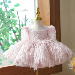 Girls bow long sleeved princess dress Ages 1-8 Fashionable sequin tassel mesh dress carnival birthday flower girl performance