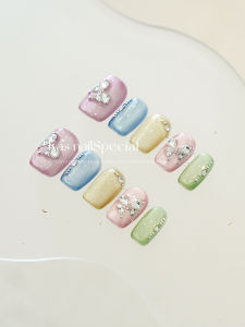 Kas Nail Art 2025 New Premium Spring Summer Multi-Dopamine Colorful Rhinestone Short Nails Whitening Wearable Nails Macaron Color