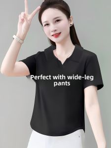 LINGLONGDAI | Cotton Black Polo Neck Slim Fit Ageless Short Sleeve T Shirt Short