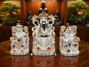 Cặp Tượng Thần Tài Thổ Địa Chiêu Tài Chất Liệu Sứ Dát Vàng Cao Cấp Đặt Bàn Thờ Thần Tài(Tài Địa Gấm Xanh Chữ Việt)