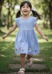 เดรสกระต่ายน้อยสำหรับเด็กผู้หญิง|ผ้าคอตตอนหวี • แขนระบาย • ลายปักดอกไม้