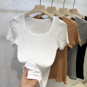 Áo Thun Nữ Tay Ngắn Cổ Vuông Ôm Vừa Vặn Mùa Hè 2025 Mỏng Co Giãn Cao Chất Liệu Cotton Thoáng Khí
