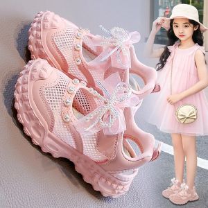 Girls Sandals Fashionable Princess Shoes Soft Bottom Beachy Hollow out Single Net Slip-On Summer Flats Kids Footwear