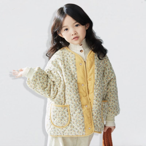 Autumn Winter Thickened Fluffy Cotton Jacket for Girls Floral Short Style Childrens down Cotton Outerwear Warm Coat for Kids