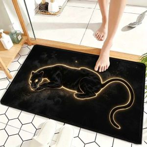 VIKAMA Black Background Golden Leopard Bath Mat Stylish Animal Print Non‑Slip Absorbent Floor Mat Bathroom Home Decor