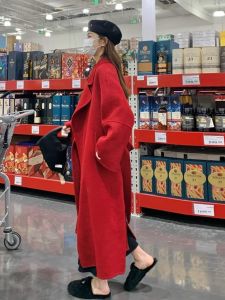 Red Double-Sided Cashmere Woolen Coat for Women High-End Feeling New Year Wedding Outerwear Long Sleeve Polo Collar Autumn Winter