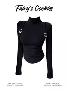 American Style Long Sleeve Shoulder Pad High Collar Womens T-shirt Inner Wear Slim Fit Base Shirt Fairy Cookies