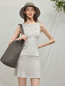 Morning Dew Skirt Design Sense round Neck Sleeveless Glass Rhinestone Button Pleated Dress Casual Summer Short A-Line Dress