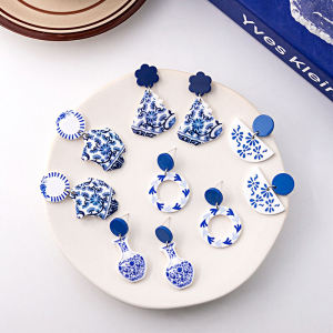 Elegant Blue Acrylic Porcelain Fragment Earrings Chinese Retro Style Fresh out Fashionable Geometric Womens Ear Jewelry