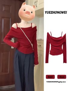 YUEZHONGWEI | Red Fake Two-piece Off-the-shoulder Chic Fitted Sweater Top