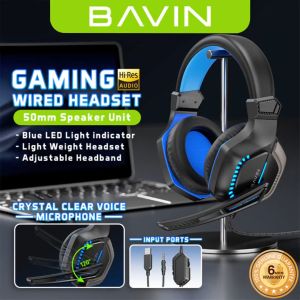 BAVIN BH61 Gaming Wired Headset w/ 120° Adjustable HD Microphone & Blue LED Light Indicator for Computers and Laptops