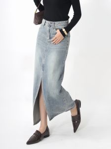 กระโปรงยีนส์เอวสูงสไตล์ย้อนยุคสำหรับผู้หญิง ฤดูร้อน/ฤดูใบไม้ร่วง ไซส์ใหญ่ กระโปรงทรงเอผ่าข้าง กระโปรงสั้นทรงเอ