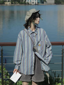 Chic Long Sleeve Polo Collar Womens Shirt Vertical Stripes Color Block College Style Korean Retro Spring Autumn Fashion Top