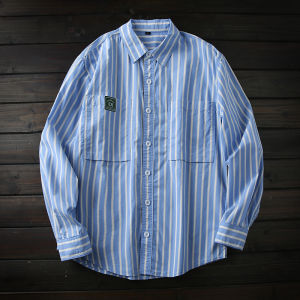 Classic Japanese Style Mens Long Sleeve Striped Loose Cotton Shirt Fashionable Urban Casual Wear All Seasons Button Decor