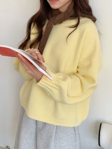 Yellow Lantern Sleeve Pleated round Neck Pullover Thickened Loose Womens Knitted Sweater All-Match Autumn Winter Lazy Style