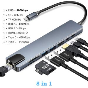 Cổng Kết Nối Đa Năng USB 3.0 Type C 8 Trong 1 Với HDMI 4K 30HZ Ethernet RJ45 VGA Tai Nghe Bộ Chuyển Đổi PD 100W Dành Cho Laptop USB-C