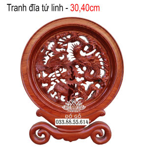 Tranh tứ linh kiểu đĩa tròn nguyên khối gỗ hương cỡ 3040cm