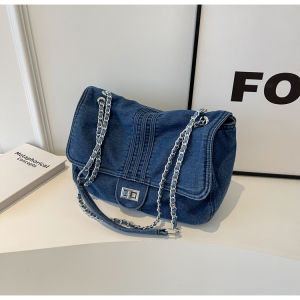 Casual Denim Shoulder Tote Bag Womens Commuter Bag Large Capacity Chain Strap Soft Polyester Lining Flip Cover Closure