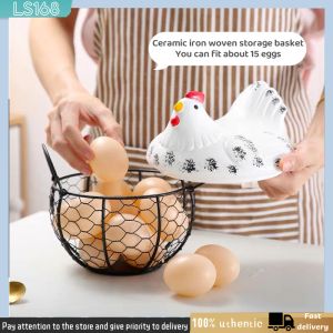 U-like Egg Basket With Ceramic Cover Egg Storage Box Metal Wire Farm Chicken Cover Fruit Basket Egg Holder Decorative Kitchen Storage Baskets Perfect For Fruit